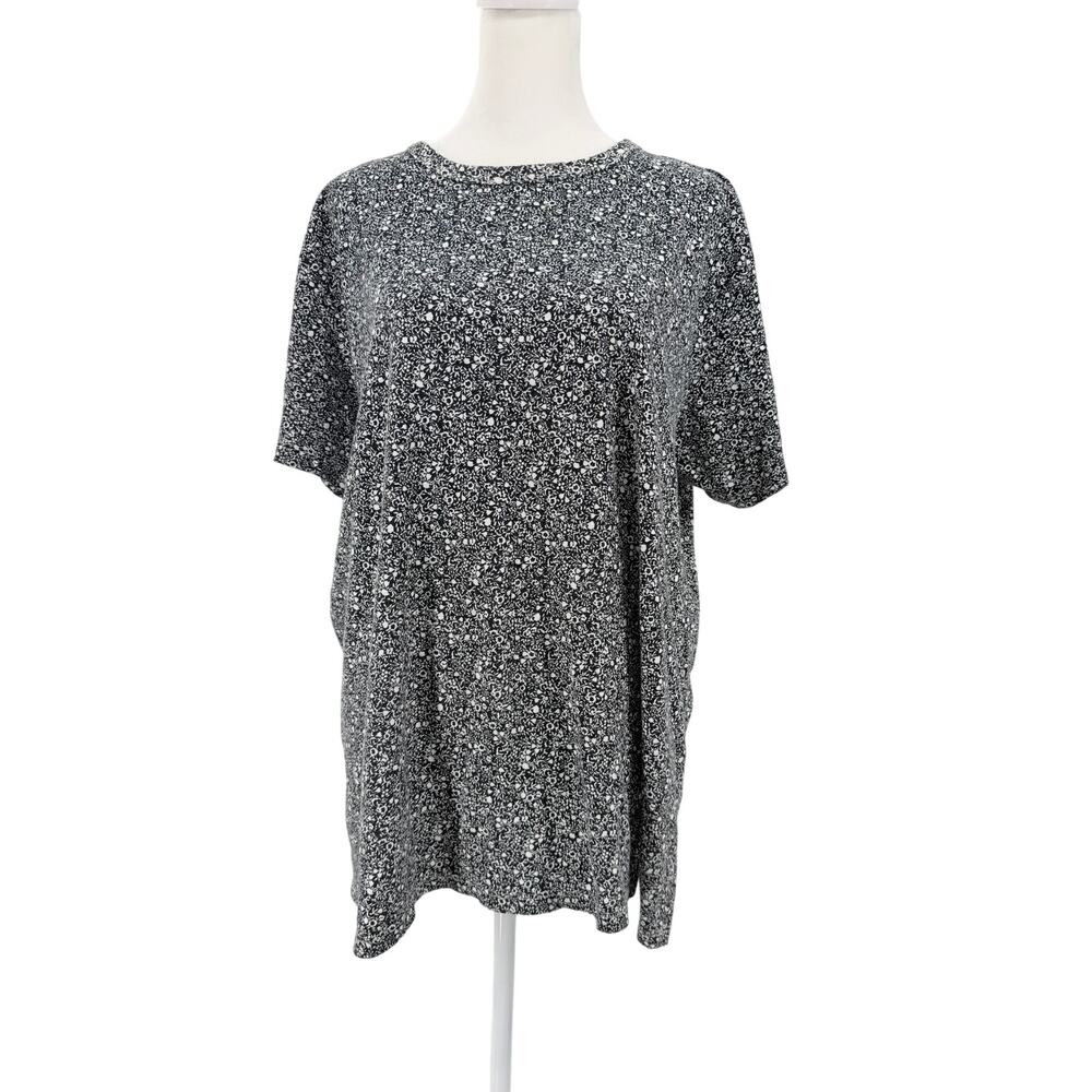 Ken LTD Black Floral Short Sleeve Tunic Top Womens XL Stretch Casual Shirt